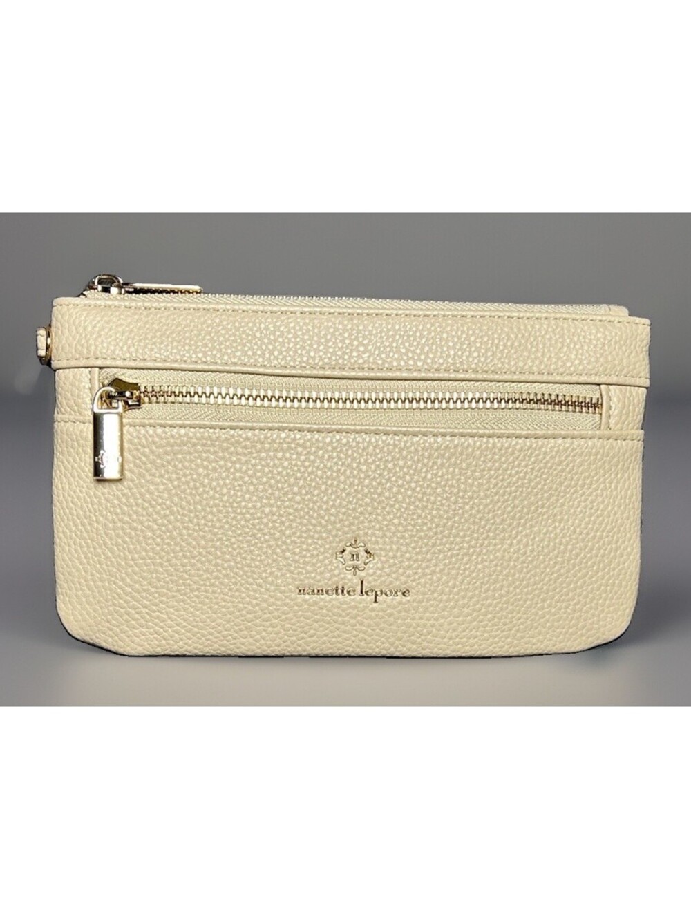 Nanette Lepore Cream Pebbled Faux Leather Clutch Zip Pouch Organizer Wallet